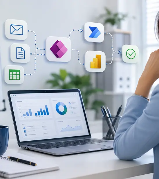 Laptop mit Dashboard und Power-Automate-Workflow für E-Mail und Dokumente