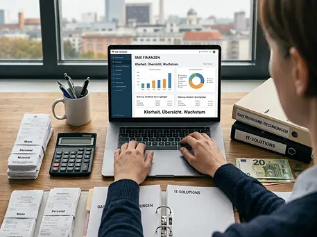 Person arbeitet am Laptop mit Finanzdashboard umgeben von Belegen und Rechner