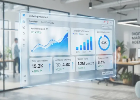 Marketing Dashboard mit Echtzeitdaten zu Umsatzwachstum, Kampagnenperformance und ROI als Beleg für transparente Erfolgsmessung